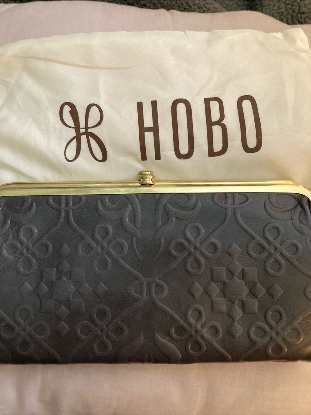 HOBO Black Embossed Leather Frame Clutch with Gold-Tone Trim